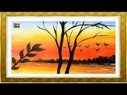 Drawing a scenery of sunset step by step.how to draw easy scenery.how to draw simple scen. Sunset Sky Beautiful Scenery Watercolor Painting Easy Landscape Painting Painting With Oil Paints