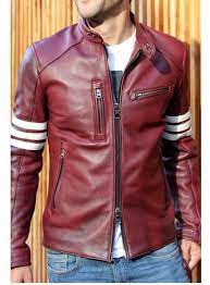 Men Genuine Leather Jacket Maroon Slim Fit Biker Motorcycle Leather Jacket Coat Leather Jacket Striped Leather Jacket Leather Jacket Men