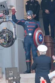 Using his own vibranium shield and the black costume. Image John F Walker Aka Super Patriot Us Agent On The Set Of The Falcon And The Winter Soldier Disney 2020 Image Courtesy Of Twitter Marvel