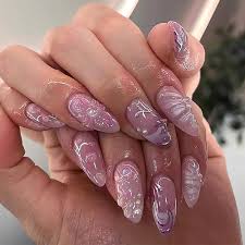 Uñas postizas a presión 3D, hechas a mano, dijes, flor, perla, rosa,  francesas, acrílicas, con forma de almendra, muy lindas, uñas adhesivas  medianas ...