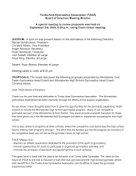 Tonka Area Gymnastics Association (TAGA) Board of Directors Meeting Minutes  A special meeting to review proposals was held