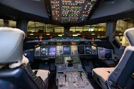 Emirates Airbus A380 Aircraft Cockpit Interior Hong Kong China May 16 Emira Ad Aircraft Cockpit Emirates Airbus Emirates Airbus Cockpit Airbus