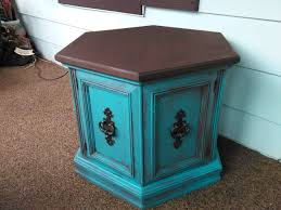 Two Tone Hexagon End Table Distressed Teal W Surface Painted Brown Octagon Table Wood End Tables Painting Cabinets