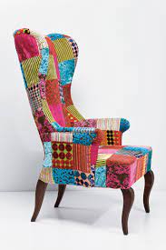 Available in 4 colours ; Upholstered High Back Fabric Armchair Patchwork Velvet By Kare Design Colorful Furniture Living Room Funky Chairs Patchwork Chair