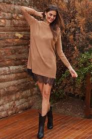 Uzun Kollu Mini Triko Kahverengi Elbise Triko Elbise Moda Stilleri