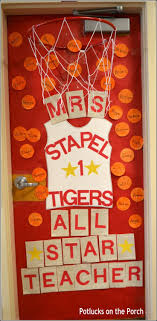 Our sports themes include, soccer, nrl and afl football, american football nfl, car racing & grand prix, olympics, horse racing and more! Decorated Door Idea All Star Teacher 3d Basketball Door Potlucksontheporch On The Teacher Appreciation Doors Teacher Door Decorations Sports Theme Classroom
