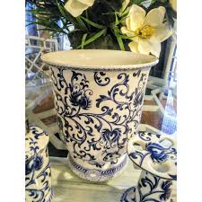 Check spelling or type a new query. 3 Piece Ceramic Chinoiserie Blue And White Bathroom Accessories Waste Basket Toothbrush Holder Soap Chairish