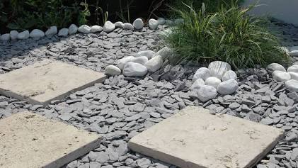 Distinct 40mm blue slate decorative gravel variations used for moisture retention, AI generated