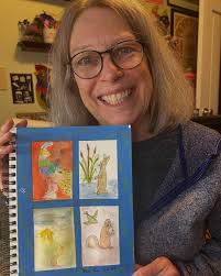 my beloved P-Brain finally (PLEASE) broke into watercolors today!!!!! she  free-handed the peacock and house scene; the squirrel and rabbit she drew  from a book. a true fArtist!!!!!!! she has a natural