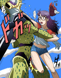 takaya n, cell (dragon ball), norimaki arale, perfect cell, dr. slump,  dragon ball, dragonball z, highres, 1boy, 1girl, aged up, alternate form,  ball busting, bdsm, cbt, creator connection, crossover, crotch kick, day,