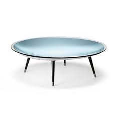 Innovatively designed rounded coffee table featuring a sturdy metal frame and a glass top. Fiam Roy Mirrored Glass Coffee Table With Black Legs Panik Design
