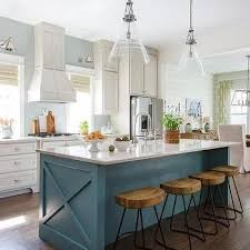Blue Kitchen Island With Wood And Iron Barstools Blue Kitchen Island Custom Kitchen Island Kitchen Island Design