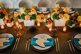 This theme is bright,fun and cheerful. Mid Century Teal Orange Wedding Ideas Every Last Detail