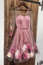 Pink V Neck 3d Applique Short Prom Dress Pink Homecoming Dress Long Sleeve Gol Abendkleid Pinkes Kleid Partykleid
