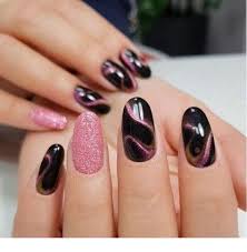 Cute Black And Pink Nail Art Design Print Manicure bowl white and pink.