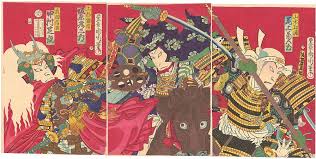 Kunichika Nakamura Shikan Iv As Takeda Shingen Center Bando Hikosaburo V As Uesugi Kenshin Right Onoe Kikugoro V As Yamamoto Kanpo 1876