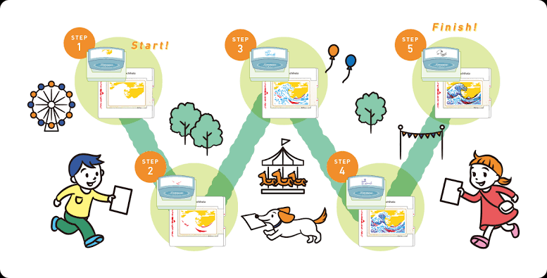 スタンプを重ねてイラストを完成させるイメージ（AI 生成）