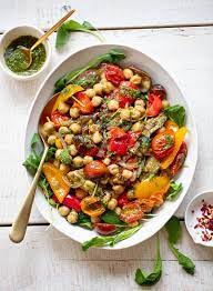 Roasted Vegetable Salad With Pesto And Chickpeas Roasted Vegetable Salad Fresh Salad Recipes Vegetable Platter