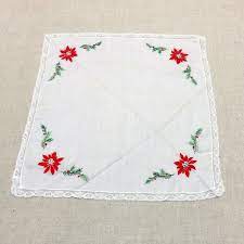 Embroidered Christmas Handkerchief Poinsettia Flower Lace Edge Poinsettia Flower Vintage Handkerchiefs Embroidered Handkerchief