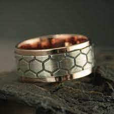 Two Tone Ring For Him Honeycomb Ring Genus Apis Honeycomb Band Etsy Rings For Men Rings Mens Wedding Bands Honeycomb Ring
