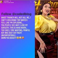The actress, who was way slimmer in her old photo, says she hopes the difference in both photos answers the questions relating to why she went under the knife. Wearing Waist Trainer Is Time Wasting I Prefer Surgery Tonto Dikeh Latest News Search Engine