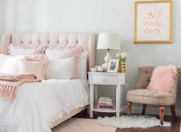 Powder Pink Soft Headboard On A Bed With White Bedding And Pale Pink Cushions Room With Light G Baby Pink Bedroom Ideas Pink Bedroom Decor Teenage Girl Room
