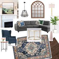 So the accent wall in blue makes the living area, while the off white walls are the dining area. Living Room Refresh Mood Board Grey Sectional Navy Blue Chair Pops Of Greenery Black White Couch Living Room Grey Couch Living Room White Living Room Decor