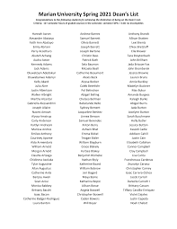 Marian University Spring 2021 Dean's List