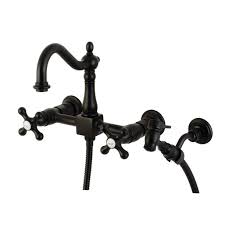 Typically, a kitchen faucet has a single handle, but there are models available with two handles, making it easier to adjust water temperature. Kingston Brass Ks1260axbs Heritage Wall Mount Bridge Kitchen Faucet With Brass Sprayer Matte Black Walmart Com Walmart Com