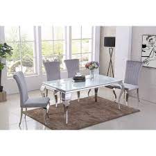 Modern dining chairs set of 2, dining room chairs with faux leather padded seat back in checkered pattern and sled chrome legs, kitchen chairs for dining room, kitchen, living room, white chairs. White Glass Louis Dining Table 1 6m Curved Chrome Leg 6 Grey Chairs White Glass Dining Table Dining Table Glass Dining Table