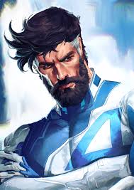 uzuri art, reed richards, fantastic four, marvel, marvel rivals, highres,  1boy, beard, black hair, blue bodysuit, bodysuit, facial hair, full beard,  male focus, solo, superhero costume, two-tone bodysuit, white bodysuit -  Image