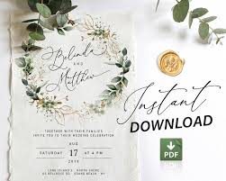 Cleo Greenery Faux Gold Wedding Invitation Template Editable Instant Download Boho Wedding Invite Template Handpainted Watercolor Foliage Wedding Invitations Boho Wedding Invitations Gold Wedding Invitations