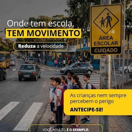🚸 Em áreas escolares, a atenção precisa ser redobrada! Mais crianças circulando, mais movimento nas ruas e a responsabilidade de todos para garantir um trânsito seguro. Reduza a velocidade, fique atento à