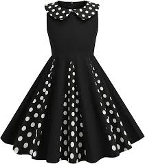 IWEMEK Robe Vintage Filles Années 1950 Pois Polka Dot Collier Peter Pan Pin  Up Hepburn Rockabilly Swing Robe de Soirée Anniversaire Party Cérémonie  Robes Enfants été sans Manches Noir 8-9 Ans :