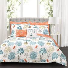 Floral bedding comforter or duvet personalized navy coral aqua. Amazon Com Lush Decor Blue And Coral Coastal Reef Quilt Reversible 7 Piece Bedding Set With Feather Seashell Design Full Queen Home Kitchen