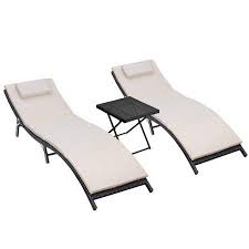 Walnew 3 Pcs Patio Furniture Outdoor Lounge Chairs Folding Lawn Poolside Patio Chaise Lounge Sets Pe Rattan Chaise Lounges With Side Table And Beige Cushion W Outdoor Chaise Lounge Chair