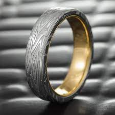 Flat Damascus Steel Mens Wedding Band With 14k Gold Liner 7mm Wide Ring Organic Wood Damascus Steel Ring Steel Wedding Bands Damascus Steel Wedding Band