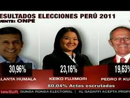 Noticias, fotos, vídeos, resultados y gráficos sobre las elecciones presidenciales peruanas de 2011 en elmundo.es. Onpe Humala 30 9 Fujimori 23 1 Y Ppk 19 6 Video Dailymotion