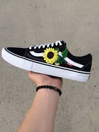 Black And White Checkered Vans With Sunflowers Unisex Sunflower Floral Embroidered Patch Old Skool Sk8 Vans Shoes Vans Sunflower Vans