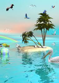 Birds flying in the sky. Many Different Beautiful Birds Flying In The Sky With A Rainbow And Swimming In The Ocean Next To A Small Island Made Of Sand And With A Palm Tree Stock Photo Picture