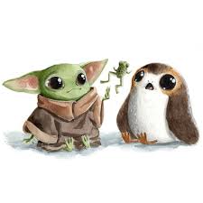 Baby Yoda Doing Some Wingardium Leviosa With Baby Porg Painting Traditionalpainting Artwork Art Artsy Star Wars Art Yoda Wallpaper Star Wars Memes