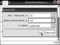 Submitted 5 years ago by donronjon. Binomialverteilung Alle Werte Bzw Einzelne Werte Bestimmen Sowie Kumulierte Binomialverteilung Onlinekompendium Zum Ti Nspire Cx Cas Des Imbf
