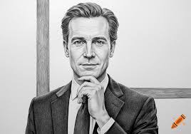 Illustrated portrait of a man looking up, wearing a suit.