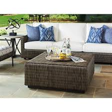 The elegant shape and carved details make the terrace table a stunning focal point of any room. Tommy Bahama Cypress Point Ocean Terrace Square Outdoor Wicker Coffee Table 31 W 40 W Kathy Kuo Home