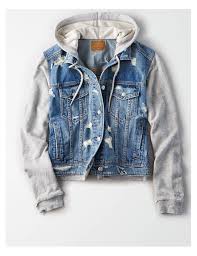Ae Destroyed Hoodie Denim Jacket Medium Wash American Eagle Outfitters Denim Jacket With Hoodie Denim Hoodie Denim Jacket