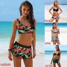 Plus Size Women Floral Printed Casual Swimsuit Beachwear For Ladies Bikini Tops Trunks Swimming Suit Bikini Set Bathing Su Boy Shorts Swimwear Bikinis Swimwear