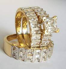 Diamond Wedding 14k Yellow Gold Trio His And Her Bridal Band Engagement Yellow Gold Wedding Ring Sets Princess Diamond Engagement Rings Wedding Rings Sets Gold