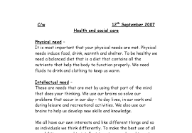 Health And Social Care Physical Intellectual And Emotional Need Gcse Psychology Marked By Teachers Com