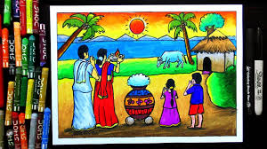Create 8 lovely drawing for festivals. Easy Pongal Festival Drawing Competition For School Students Pongal Landscape Drawing Youtube