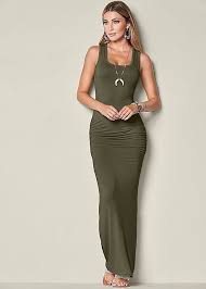 Olive Ruched Tank Maxi Dress Venus Maxi Tank Dress Maxi Dress Casual Day Dresses
